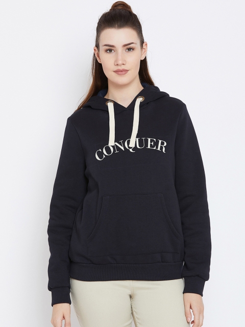 

Femella Women Navy Blue Printed Hooded Sweatshirt