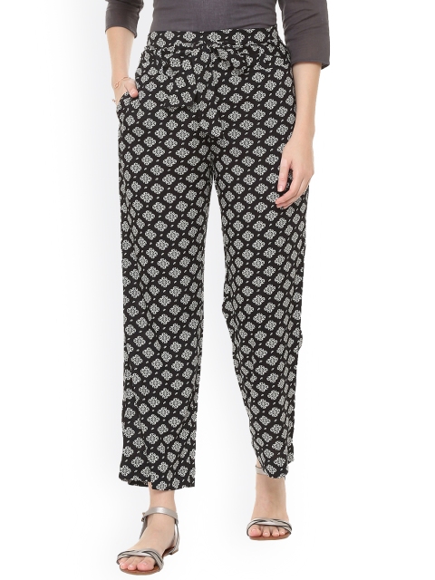 

People Women Black & White Regular Fit Printed Parallel Trousers