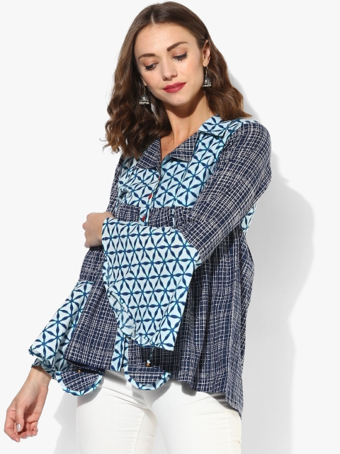 

Shirt Collar Printed Pure Cotton Top, Blue
