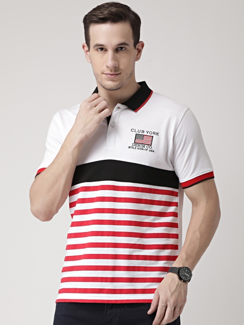 

Club York Men White Striped Polo Collar T-shirt