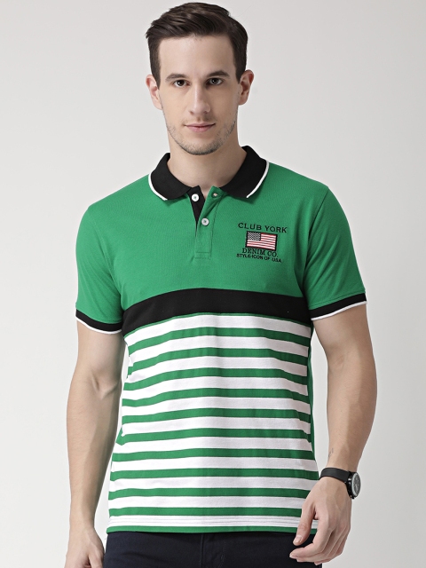 

Club York Men Green Striped Polo Collar T-shirt