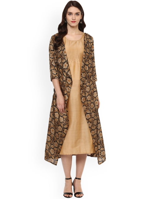 Idalia Women Beige & Black Printed A-Line Kurta