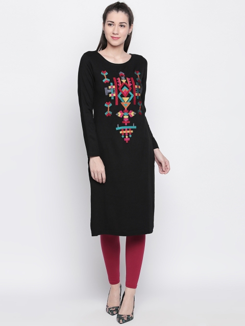 

RANGMANCH BY PANTALOONS Women Black Embroidered Straight Kurta