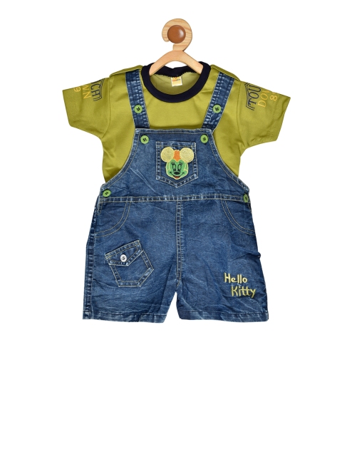 

BORN WEAR Kids Olive Green & Blue Denim Dungree With Tshirt