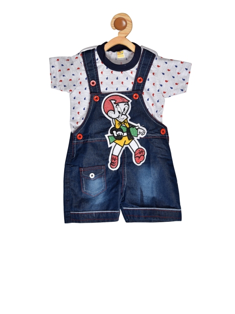

BORN WEAR Kids Navy Blue & White Printed T-shirt with Dungarees