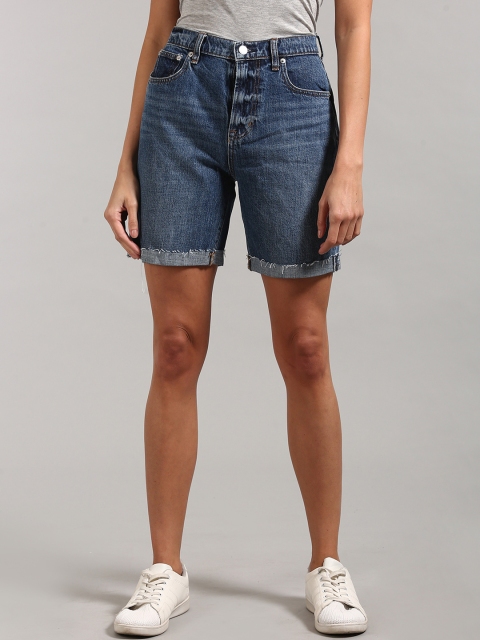 

GAP Women Blue High Rise Denim Bermuda Shorts With Raw Hem