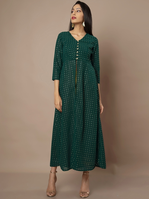 

INDYA Women Green & Golden rinted Anarkali Kurta