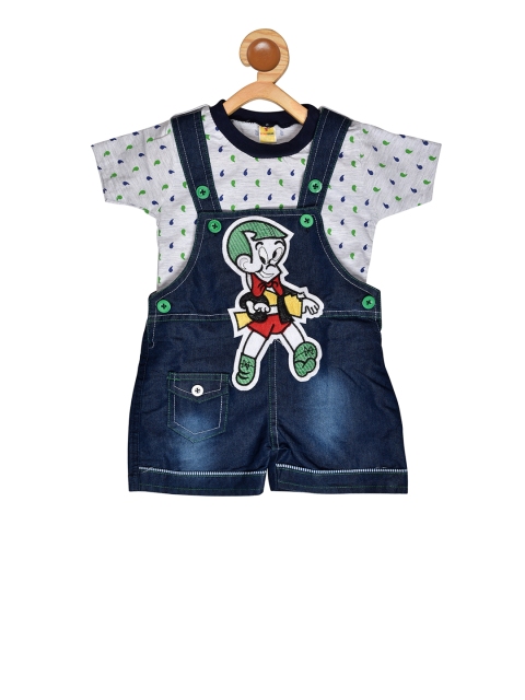 

BORN WEAR Kids Grey & Blue Printed Dungarees with T-shirt
