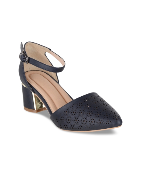 

Sherrif Shoes Women Navy Blue Solid Laser Cuts Pumps