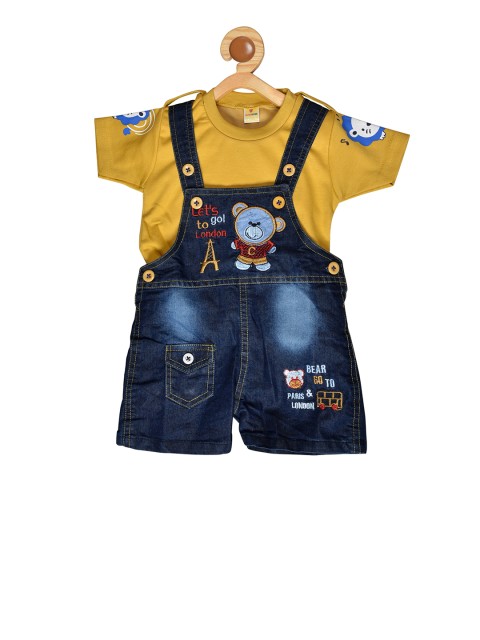 

BORN WEAR Kids Navy Blue & Mustard Yellow Solid T-shirt with Pinafore