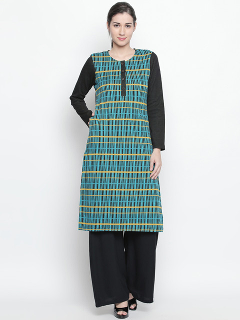 

RANGMANCH BY PANTALOONS Women Black & Turquoise Blue Printed Straight Kurta