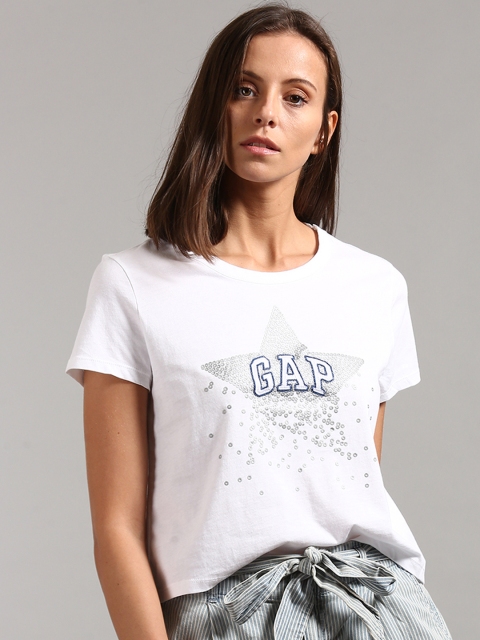 

GAP Women Printed Sequin Star Logo T-Shirt, White