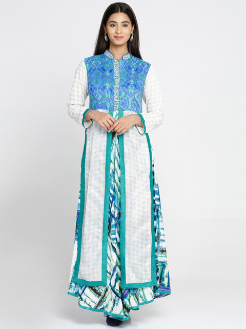 

Soch Women White & Turquoise Blue Printed Kurti with Trousers