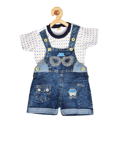 

BORN WEAR Kids White & Mustard Yellow Printed T-shirt with Dungarees