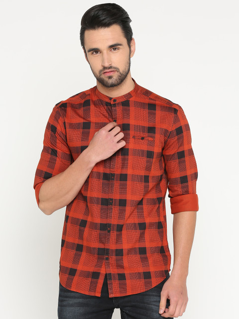 

SHOWOFF Men Rust Brown Checked Slim Fit Casual Shirt