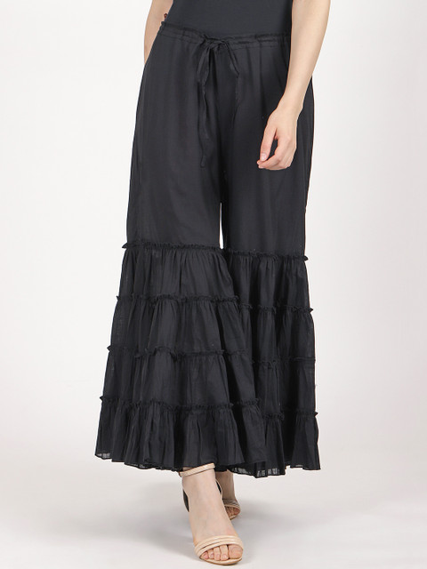 

Ritu Kumar Women Black Solid Tiered Flared Palazzos