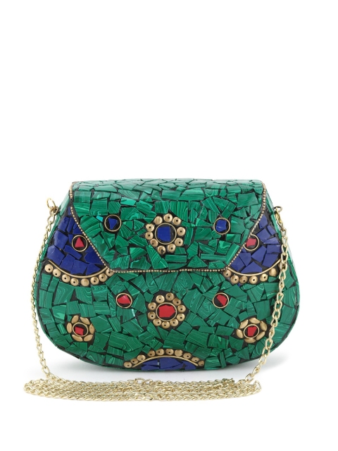 

VOILA Green Chipped Stone Handmade Brass Clutch