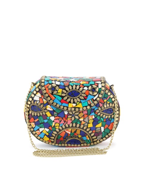 

VOILA Multicolored Chipped Stone Handmade Brass Clutch, Multi