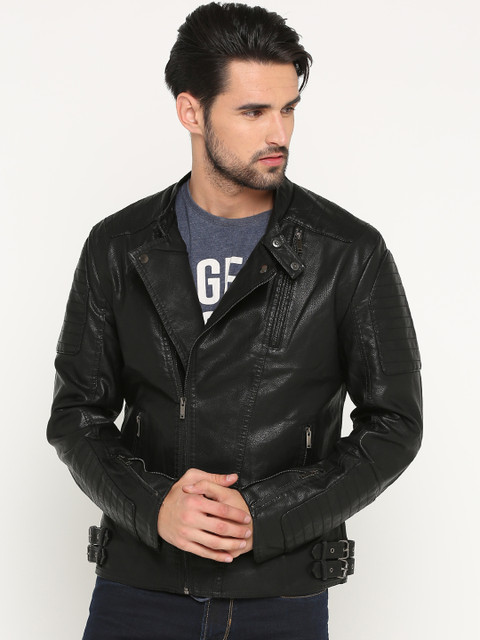 

SHOWOFF Men Black Solid Biker Jacket