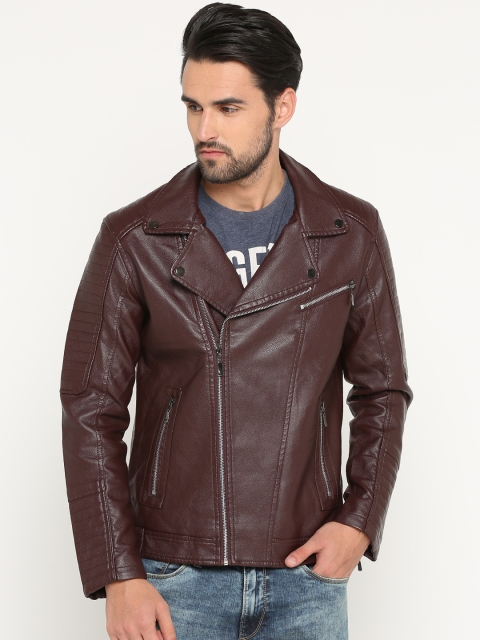 

SHOWOFF Men Maroon Solid Biker Jacket