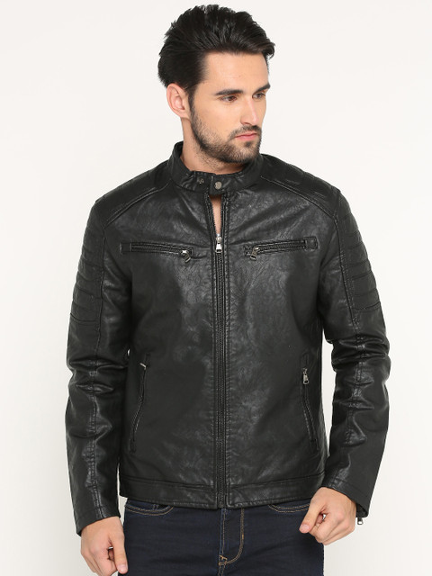 

SHOWOFF Men Black Solid Biker Jacket