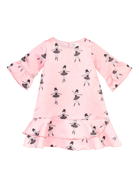 

Beebay Girls Peach Printed Drop Waist Dress, Pink
