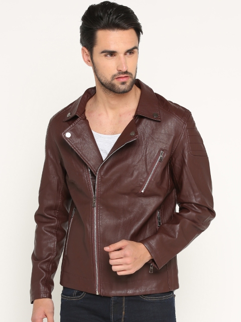

SHOWOFF Men Maroon Solid Biker Jacket