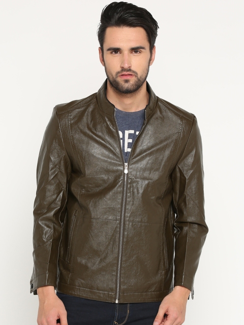 

SHOWOFF Men Olive Green Solid Biker Jacket