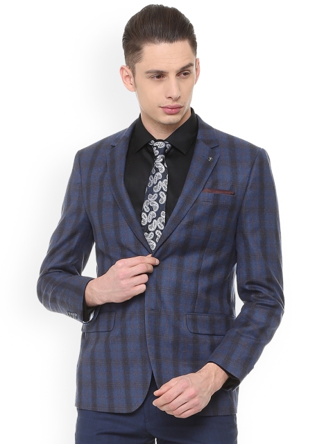 

Van Heusen Men Blue & Grey Checked Slim-Fit Single-Breasted Wool Blazer