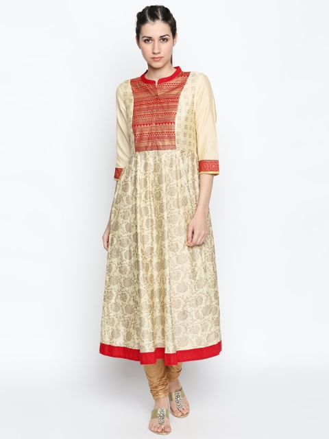 

RANGMANCH BY PANTALOONS Women Beige & Red Woven Design Anarkali Kurta