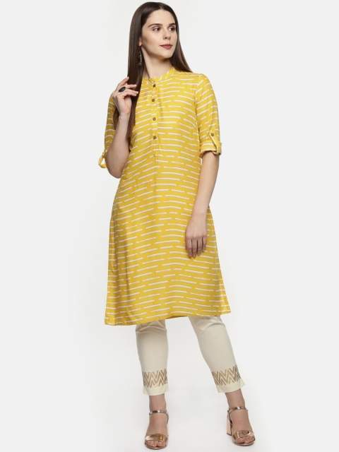 

RANGMANCH BY PANTALOONS Women Yellow Striped Straight Kurta