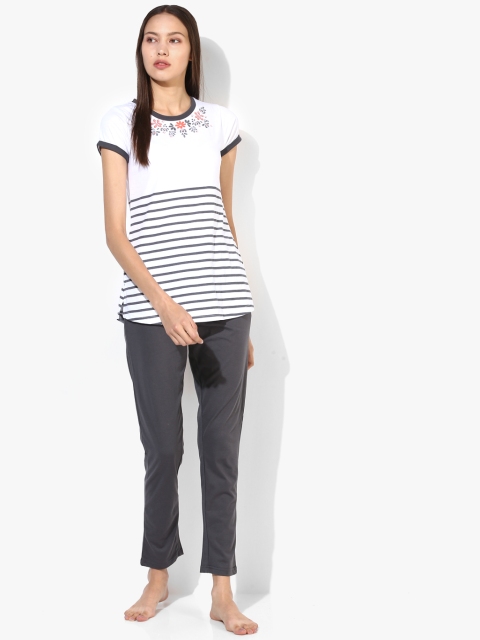 

Sweet Dreams Women White & Charcoal Grey Striped Night Suit