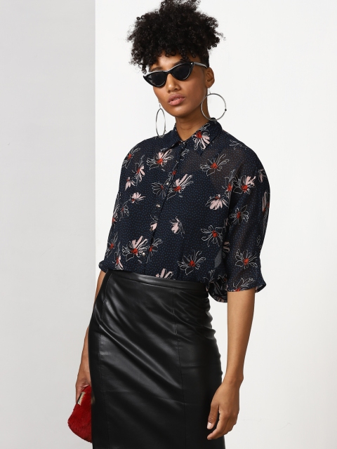 

Printed Boxy Button Down Shirt With Short Sleeves, Black