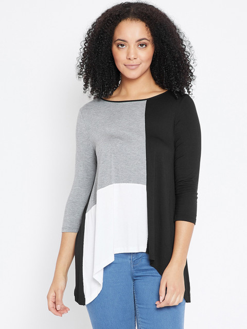 

Femella Women Black & Grey Colourblocked High-Low Top