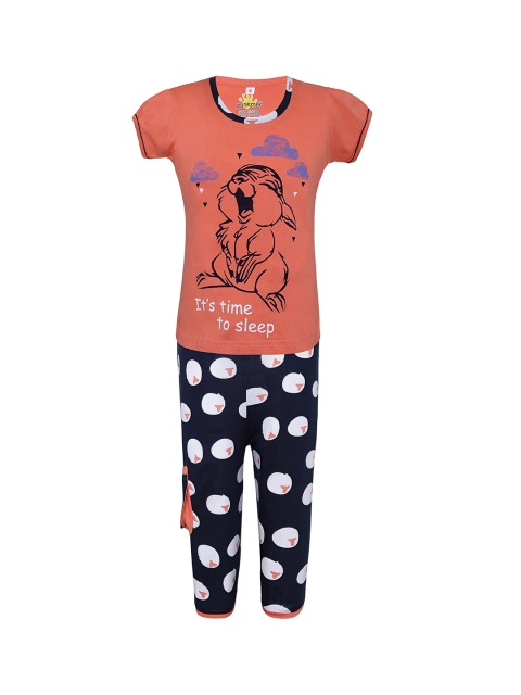

Punkster Girls Peach-Coloured & Navy Blue Printed Night suit 13171B