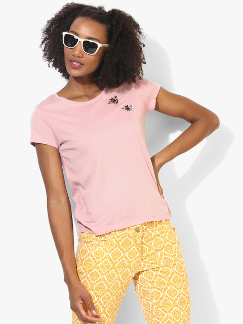 

Vero Moda Women Pink Solid Round Neck T-shirt