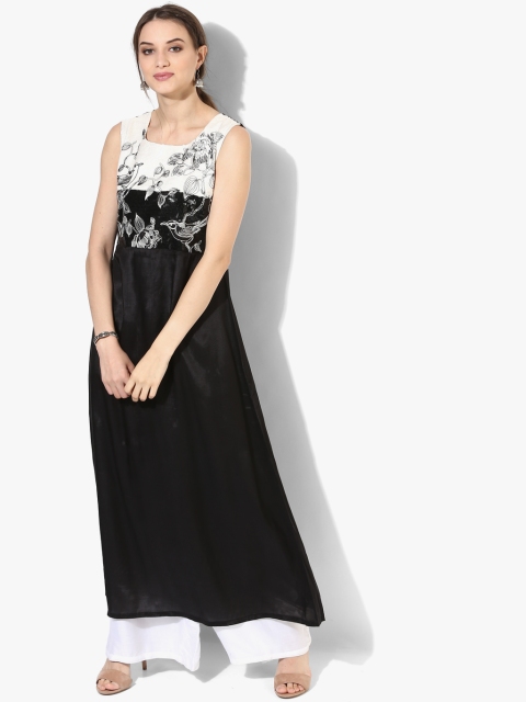 

W Women Black & White Colourblocked Viscose Kurta