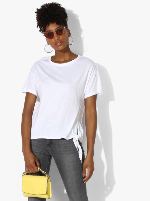 

MANGO Women Off-White Solid Round Neck T-shirt