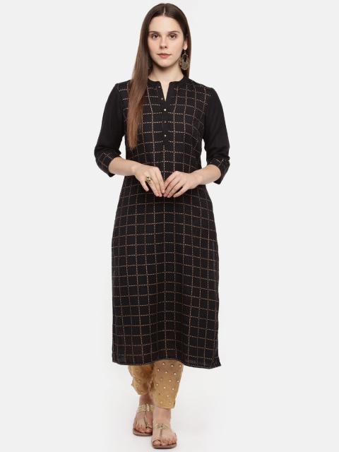 

RANGMANCH BY PANTALOONS Women Charcoal Grey Checked Straight Kurta