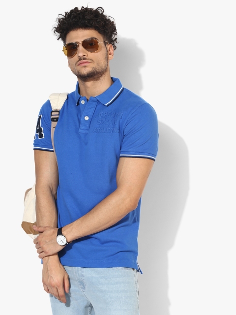 Blue Self Design Regular Fit Polo T-Shirt