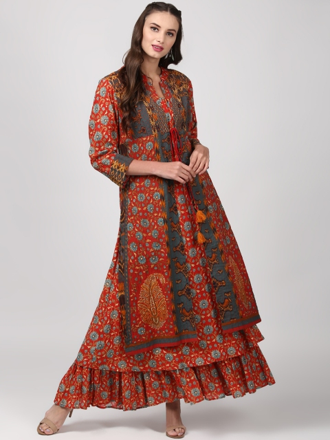 

Ritu Kumar Women Grey & Orange Printed Kurti with Skirt