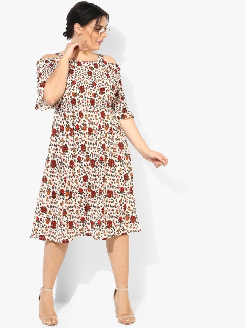 

Off-White & Red Floral Print Fit and Flare Dress