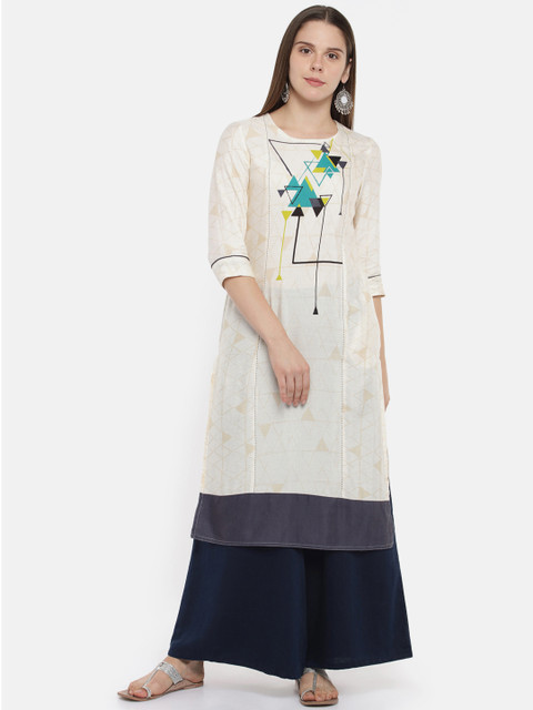 

RANGMANCH BY PANTALOONS Women Off-White Printed Straight Kurta