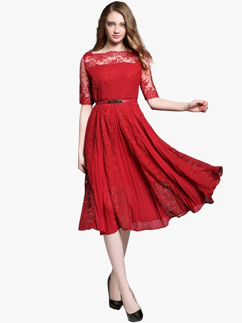 

JC Collection Women Red Self Design Fit and Flare Dress
