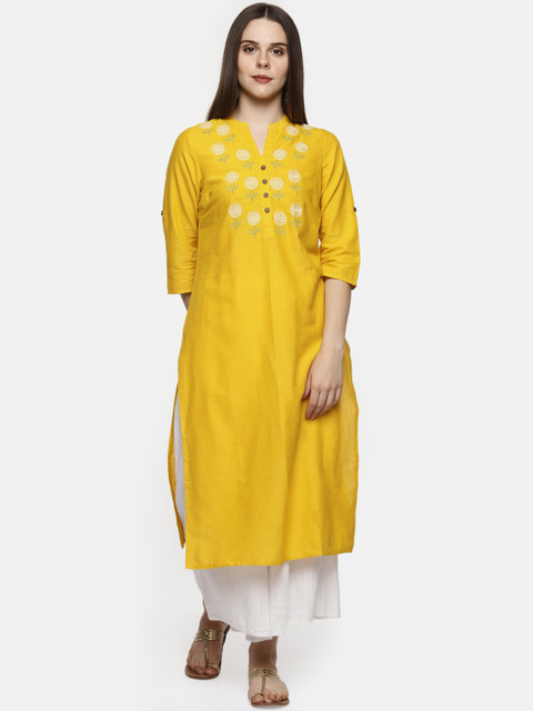 

RANGMANCH BY PANTALOONS Women Yellow Yoke Design Straight Kurta