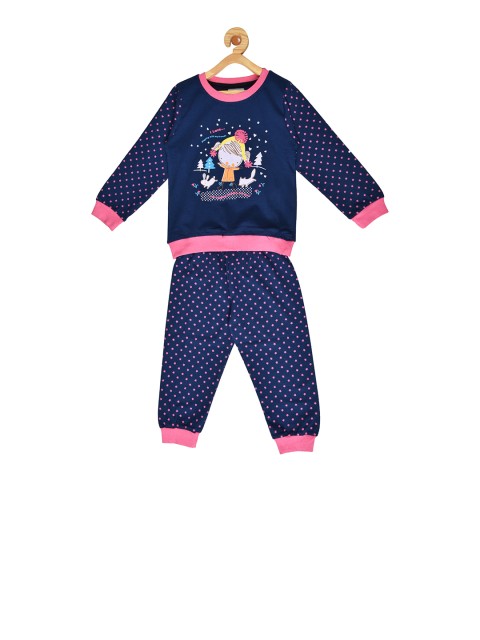 

BORN WEAR Girls Navy Blue Printed T-shirt with Pyjamas