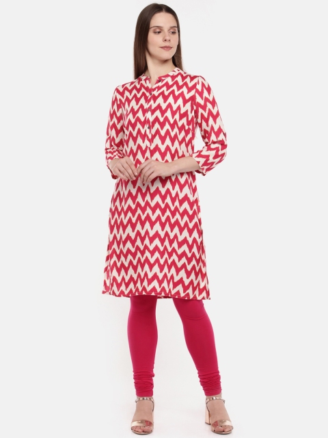 

RANGMANCH BY PANTALOONS Women Coral Pink & White Printed Straight Kurta