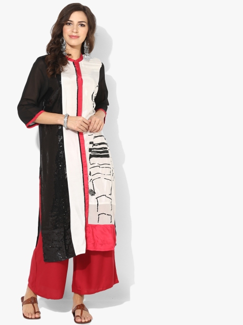 

Wishful by W Women Black & Off-White Printed & Embellished Straight Kurta