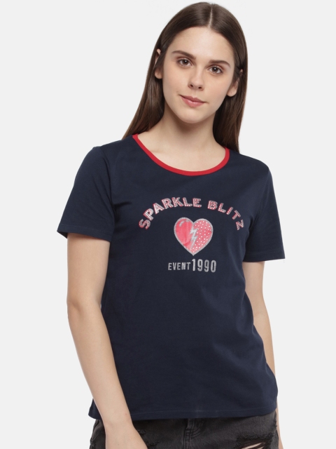 

SF JEANS by Pantaloons Women Navy Blue Printed Round Neck T-shirt