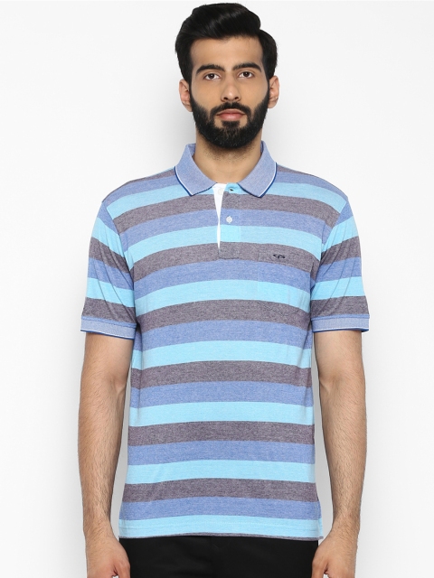 

ColorPlus Men Blue Grey Striped Polo Collar Pure Cotton T-shirt